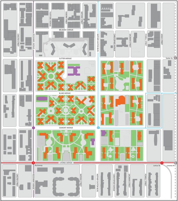 The existing plan of the Brownsville, showing the classic arnagement of a low-cost &ldquo;projects&rdquo; area. (Image courtesy Alexander Gorlin Architects)