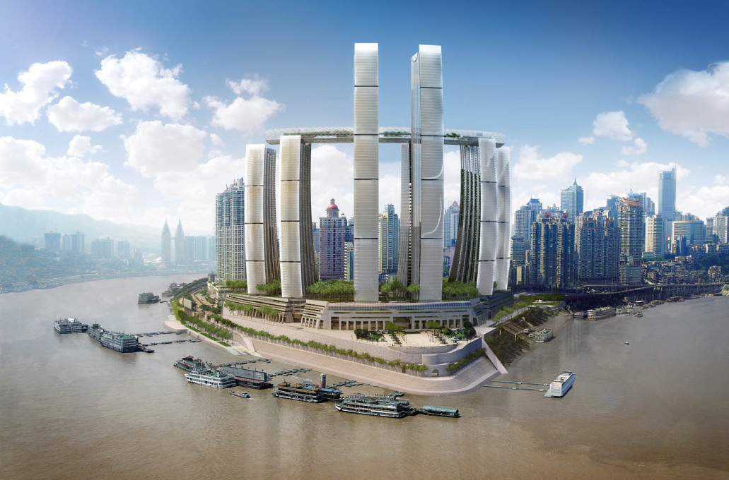 CGI of the Chongqing Chaotianmen, consists of six towers on a five-storey base, with a quarter-mile long &ldquo;conservatory&rdquo; at 60 storey level, designed to hold public activities.