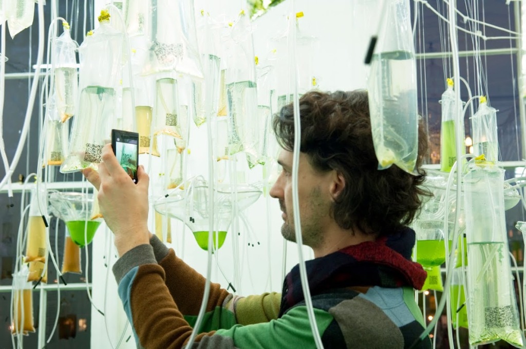 Cyber-Gardening the City by ecoLogicStudio, an algae cultivation experiment in &Ouml;sterlen, Sweden, invited the public to supply CO2&nbsp;to a hanging garden of algae&nbsp;by breathing into a tube. (Photo: Sue Barr)