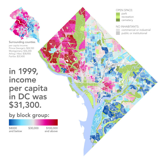 &ldquo;While at a glance race, income, education, and crime all seem to overlap, it&rsquo;s certainly not true that all black neighbourhoods are poor and plagued by crimed and all white areas are rich and crime-free...&rdquo;&nbsp;(Map: Bill Rankin)&am
