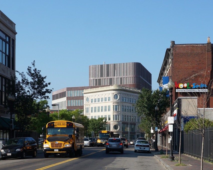 The building sits in the centre of Dudley Square, the commercial core of the residential neighbourhood of Roxbury.