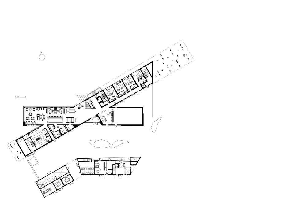 First floor plan, showing some of the public rooms, including the dining room at left and the gallery to the right. (Graphic: Saunders Architecture, courtesy Shorefast Foundation.)