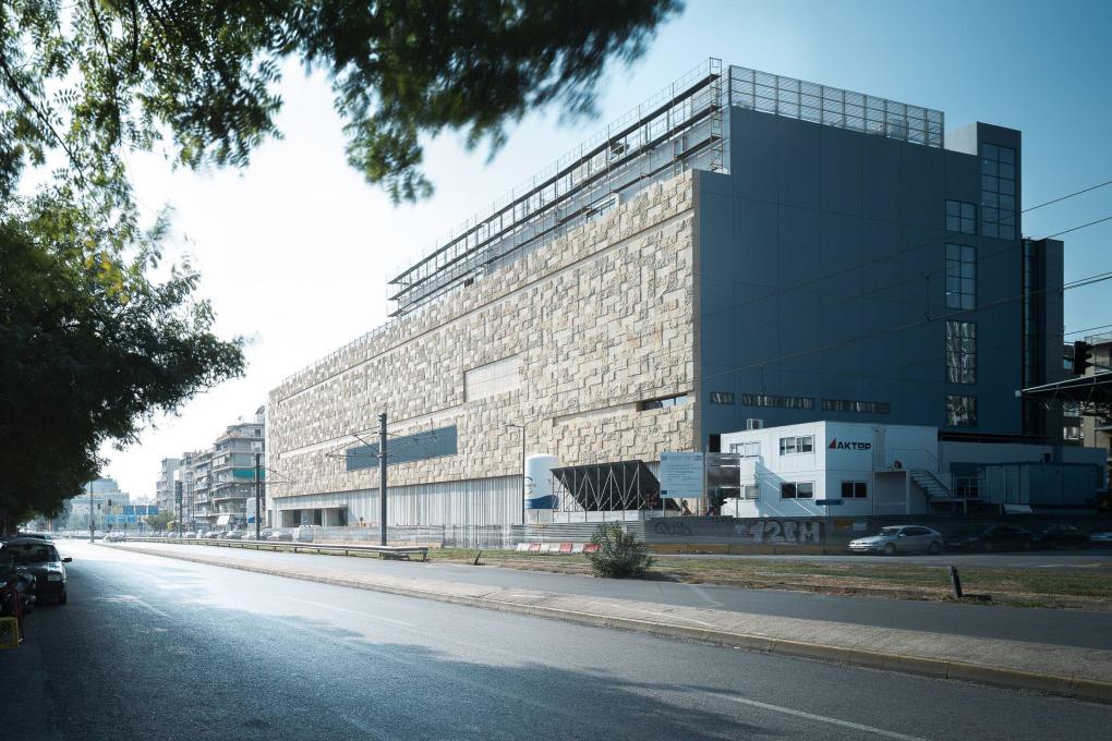 The recently revealed fa&ccedil;ade on Kallirois Avenue of the future National Museum of Contemporary Art in Athens, has been covered in stone to recall the bed of the river that once flowed next to it. Photo: George&nbsp;Messaritakis