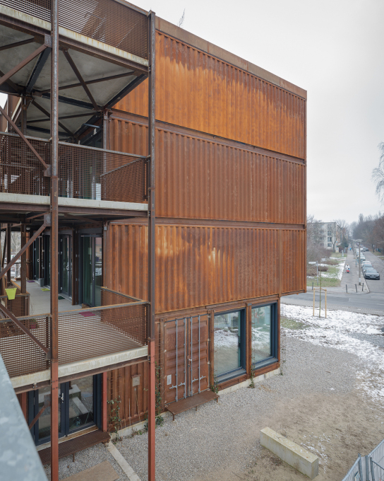 The 40 ft "high cube" is&nbsp;cantilevered stack of containers that houses the site&rsquo;s main office...