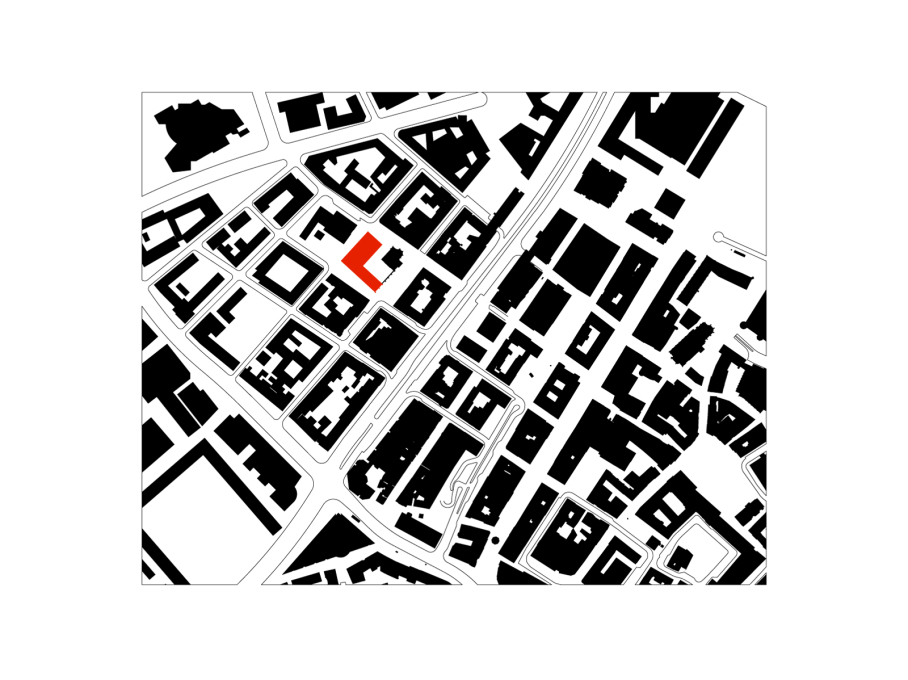 Site plan of building (in red) and surrounding Hospitalhofviertal district. (Drawing: Lederer Ragnarsd&oacute;ttir Oei Architects)