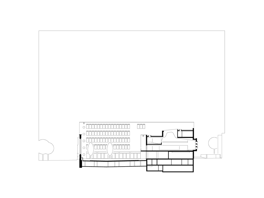Section through courtyard and lecture hall. (Drawing: Lederer Ragnarsd&oacute;ttir Oei Architects)