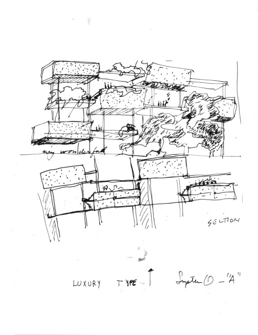 Thesis sketch by Moshe Safdie for a housing scheme &ndash; that would lead to Habitat.