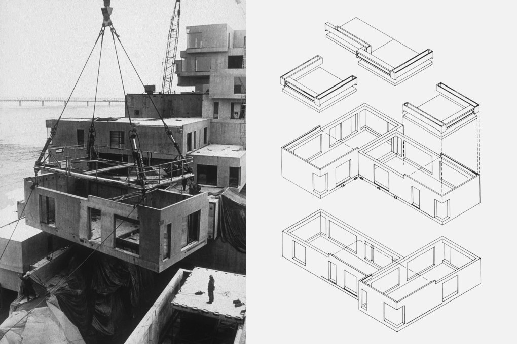 Habitat 67 units being craned into place and an exploded axonometric of the construction elements.