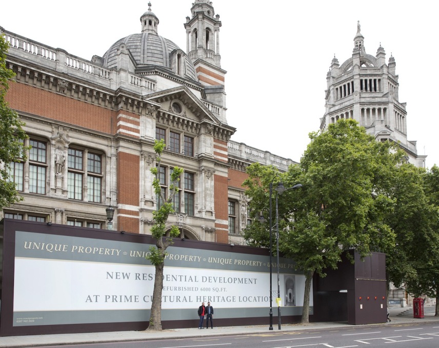 The V&amp;A ripe for redevelopment. A hoarding outside &ndash; similar to those seen all over London in the continuing high-end property boom &ndash; advertises its conversion into a new residential development. &copy; Victoria and Albert Museum.