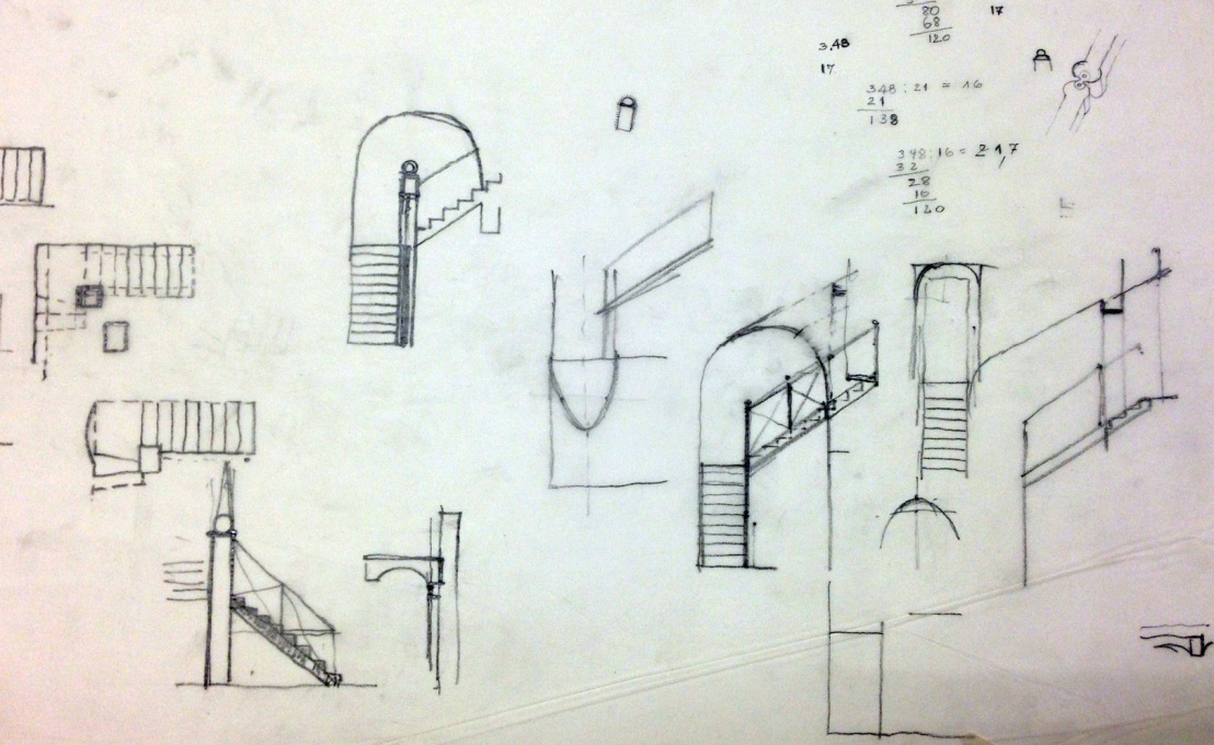 Some of Heinz Bienefeld sketches for the steel staircase.