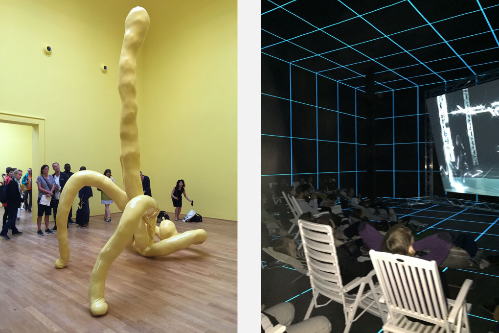 Large yellow and erect sculpture of Sarah Lucas&rsquo; in the British Pavilion and Hito Steyerl&rsquo;s video &ldquo;The Factory of the Sun&rdquo;, 2015 in the German Pavilion.