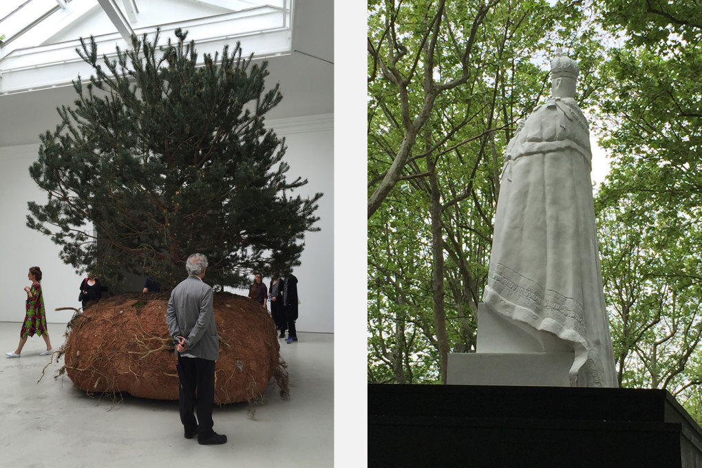 The moving pine trees of C&eacute;leste Boursier-Mougenot that wandered around the French pavilion and one of the ruined defaced imperial statues that dotted the Giardini &ndash; by Raqs Media Collective.&nbsp;