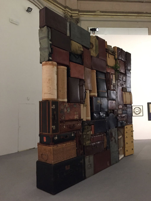 Fabio Mauri&rsquo;s &ldquo;The Wailing Wall&rdquo; in the entrance space to the Central Pavilion, part of series inspired by images of the piled, discarded suitcases of concentration camp victims.