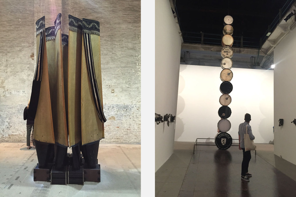Left: A bit of the totemic: &ldquo;Plinth&rdquo;. 2004 (from the series Black Beethoven) and (right) &ldquo;Muffled Drums&rdquo; by Terry Adkins in the Arsenale.