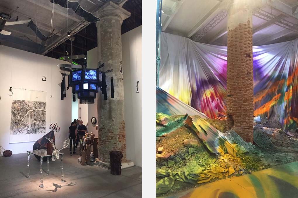 &ldquo;JingLing Chronicle Theater Project&rdquo; by Qiu Zhijie, 2010-2015, and (right) Katharina Gross&rsquo;s installation &ldquo;Untitled Trumpet&rdquo;.