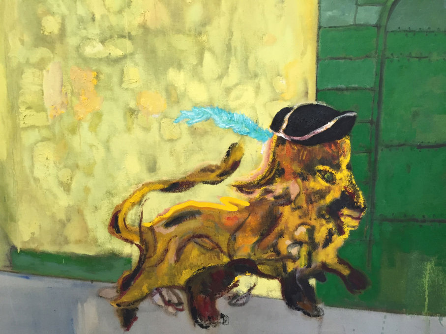 Another cat, a lion, this time with a hat. A detail of one of Peter Doig&rsquo;s paintings...