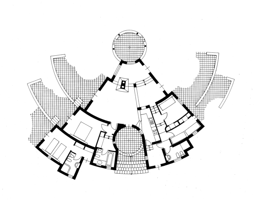 Plan. &ldquo;The inside rooms defined by sections of the circumference, each with its own centre, enjoy access to all the paved terraces outside, which are set at the same level as the ground and are designed using the same geometry.&rdquo;