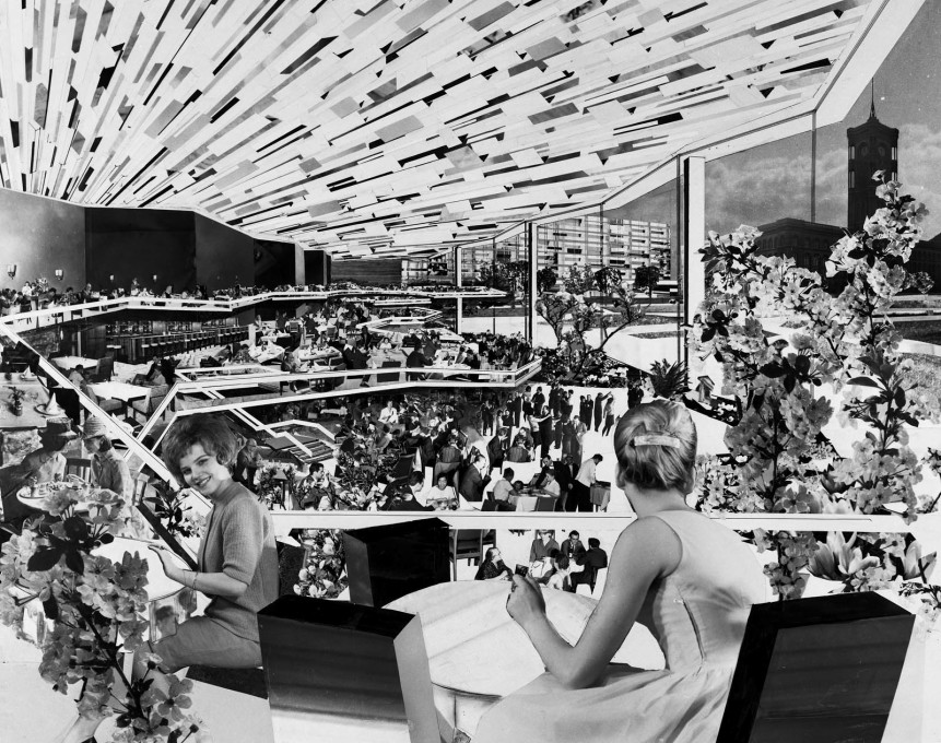 Collage from 1964 depicting the interior view of the TV tower&sbquo; as designed by Josef Kaiser.&nbsp;