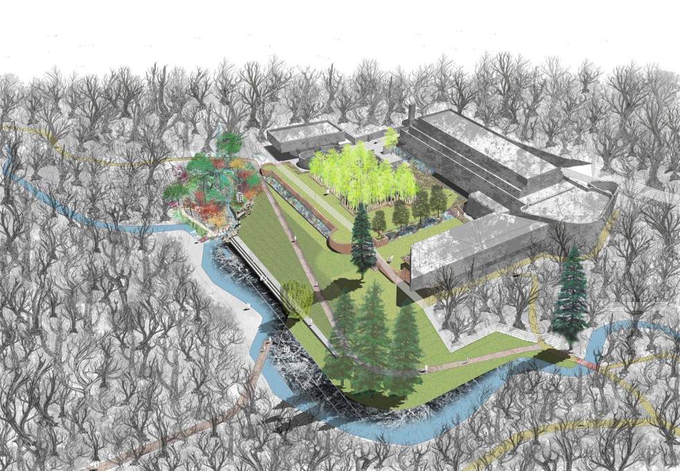 Axonometric of the proposed landscaping of the whole Kilmahew/St. Peter&rsquo;s complex. (Image: ERZ Architects)