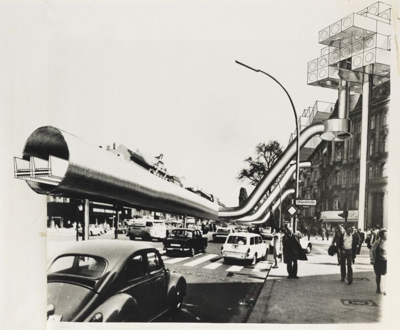 In 1969 Georg Kohlmaier and Barna von Sartory envisioned moving walkways as additional infrastructure for West Berlin. This collage shows them on the Kurf&uuml;rstendamm. (Image: Kohlmaier/von Sartory &copy; Berlinische Galerie)