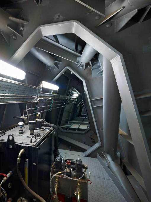 Interior of the bridge, showing the heavy steel structure needed for its cantilever, looks even more submarine-like. (Photo: Timothy Soar)