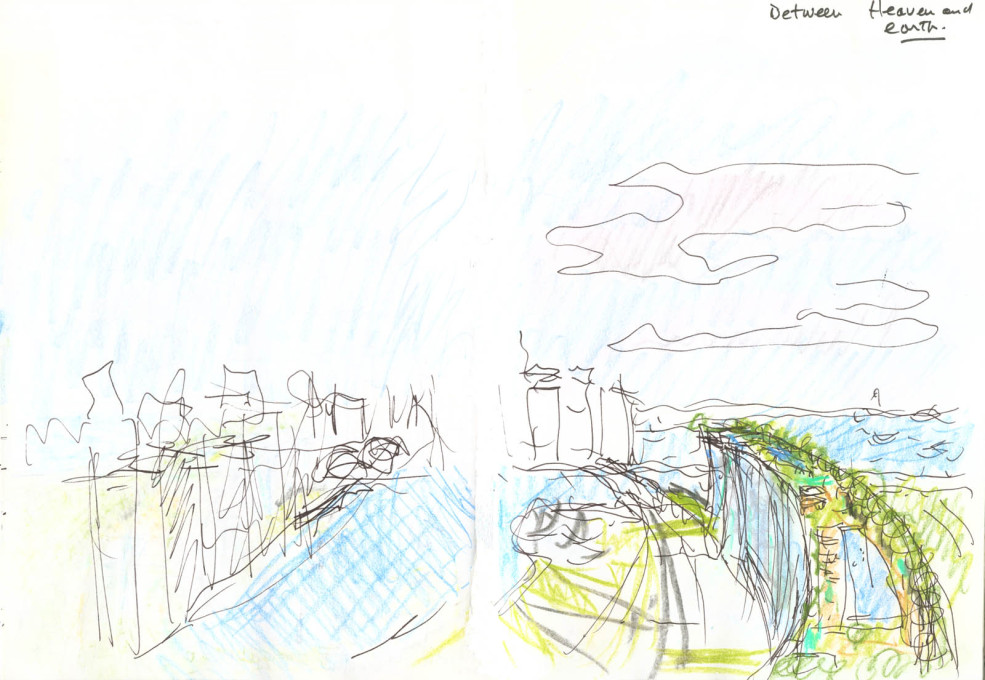 Concept sketch by Moshe Safdie of the &ldquo;SkyPark&rdquo; at the Marina Bay Sands complex: &ldquo;between heaven and earth&rdquo;.