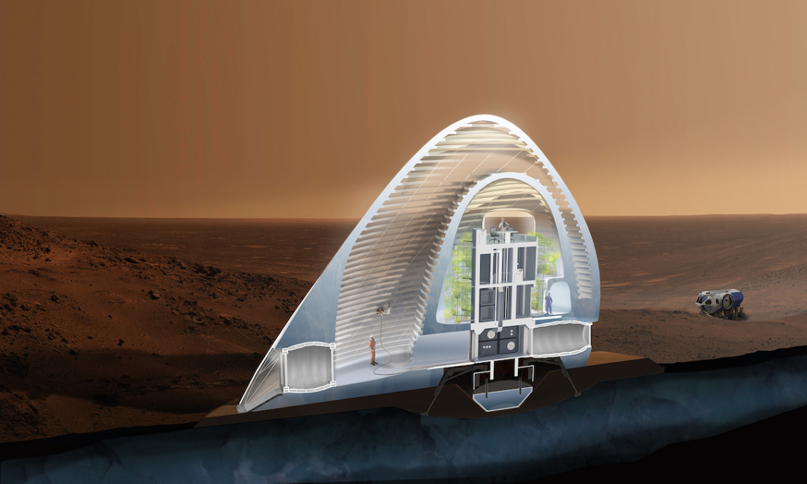 The structure&rsquo;s&nbsp;double ice shell houses programmable spaces within its layers, and is 3D printed around a lander capsule habitat. A vertical greenhouse between the habitat and shell forms the crew's yard.