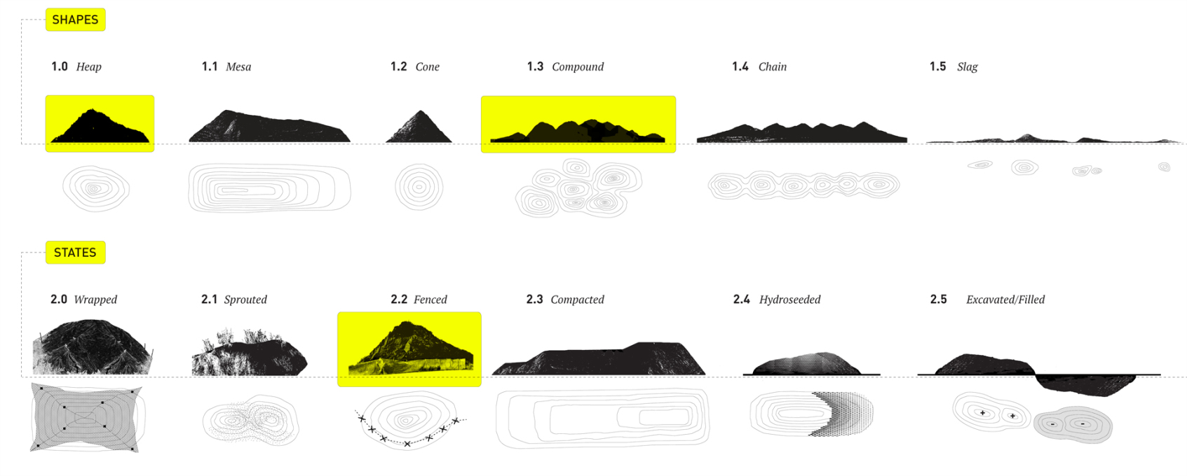 Mound typologies: shapes and states.