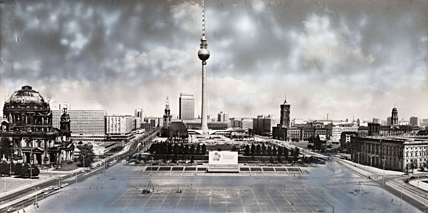 1972 panorama of East Berlin&rsquo;s new center and the site of the soon-to-be-constructed Palace of the Republic, since demolished for the currently-under-construction faux-baroque Berlin castle. (Image &copy; Dieter Urbach/Berlinische Galerie)