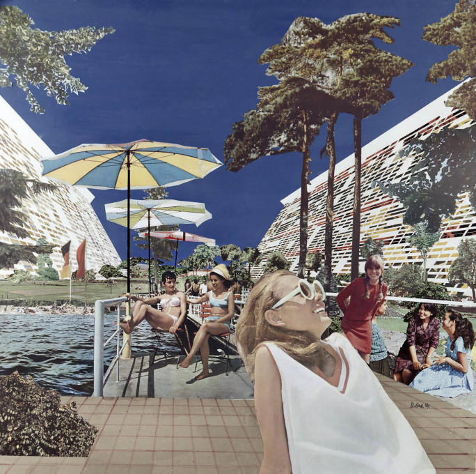...and a collage offering an imagined view of life inside the project, being enjoyed by typically glamourous citizens.