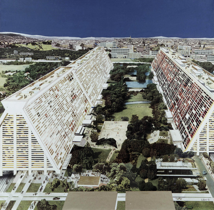 Collage from 1971 showing an unrealised design for a &ldquo;Gro&szlig;h&uuml;gelhaus&rdquo;, a massive social housing project designed by Josef Kaiser.