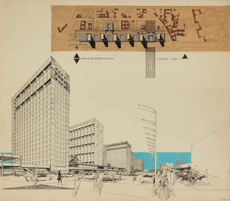 Hans-Peter Schmiedel: design for a residential and commercial complex on Leipziger Stra&szlig;e, East Berlin, circa 1967. (Image &copy; Berlinische Galerie)