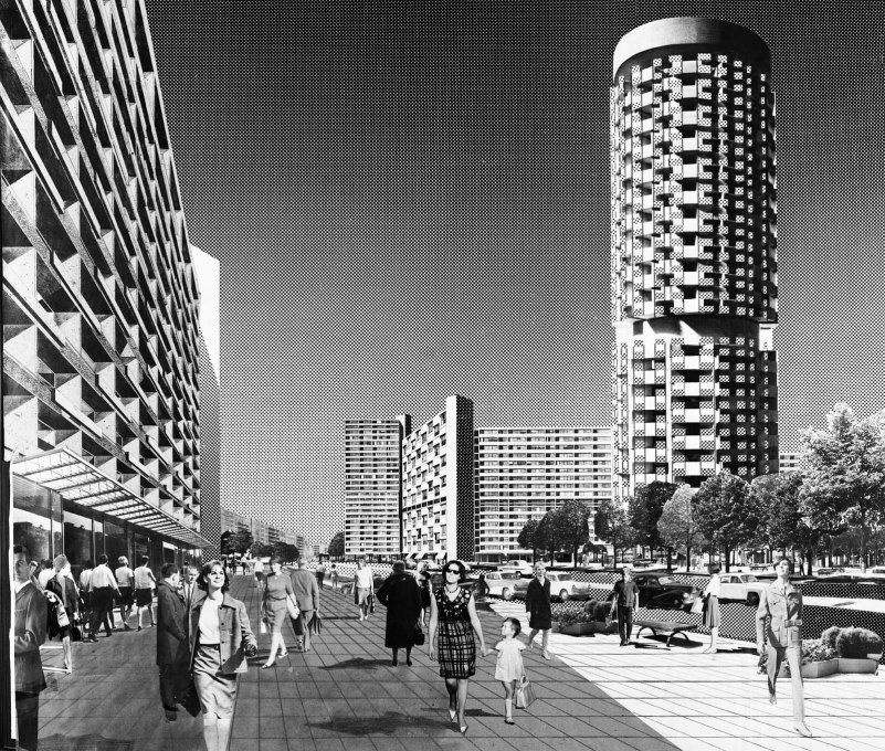 Unrealised design by Manfred J&auml;ckel and Lothar Kwasnitza for East Berlin&rsquo;s Leninplatz (today: United Nations Square), collage from 1967.
