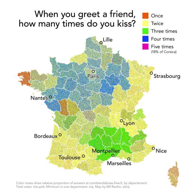 The&nbsp;&ldquo;downright fanciful&rdquo; map of kissing in France.&nbsp;(Map: Bill Rankin)