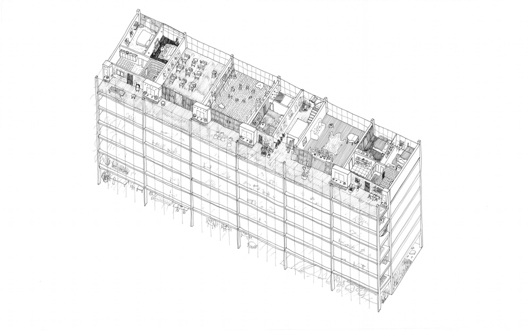 Axonometric view showing a typical floor-plate.