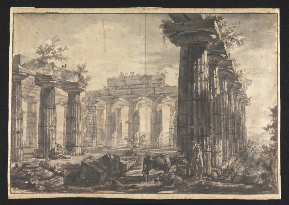 After seeing Piranesi etchings, the drawings appear incredibly texturally rich. "Paestum, Italy: Interior of the Basilica, from the West".&nbsp;(Image&nbsp;&copy; Sir John Soane&prime;s Museum)