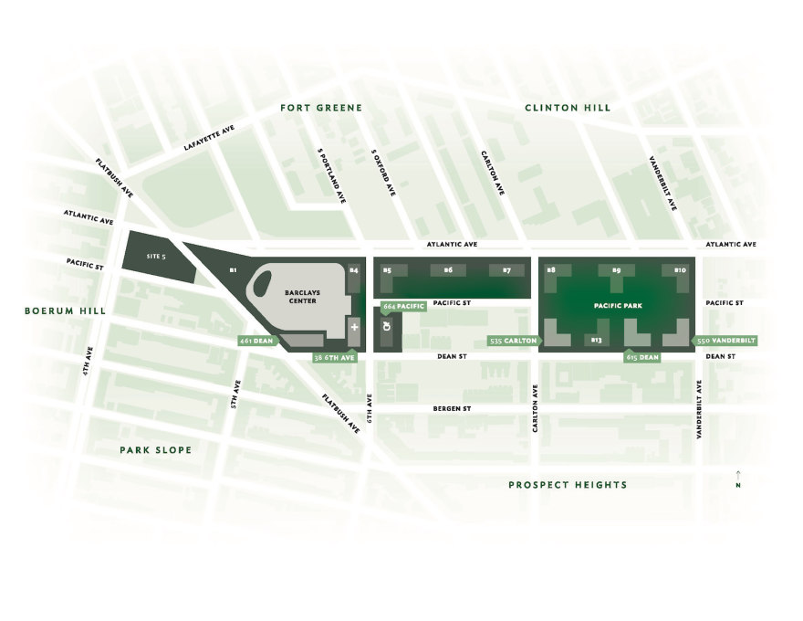 Masterplan of Pacific Park, highlighting the Barclays Center and the four residential buildings that are expected to open by 2017.&nbsp;(Map courtesy of Pacific Park)