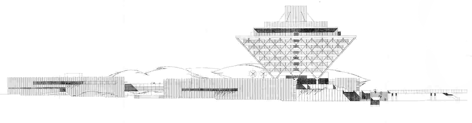 Elevation showing the walkways that connect out into the city by architects &Scaron;tefan Svetko, &Scaron;tefan ?urkovi? and Barnab&aacute;&scaron; Kissling.