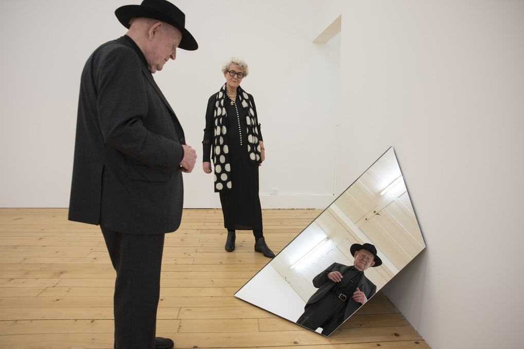 Robert and Trix Haussmann reflecting on and reflected in, their exhibition in Fri Art, Fribourg. (Photo: Primula Bosshard)