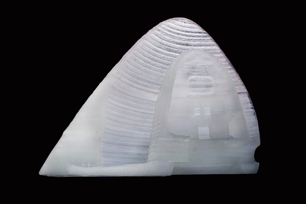 Sectional cut showing the interior of the 3D printed ice prototype.