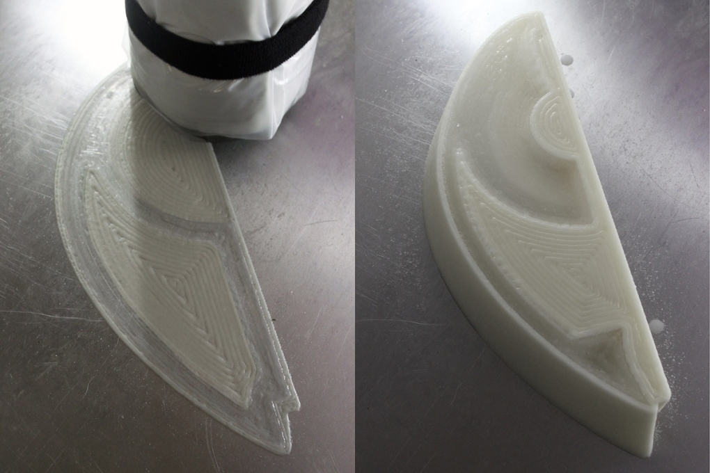 The scaled ice prototype under construction by a 3D printer.