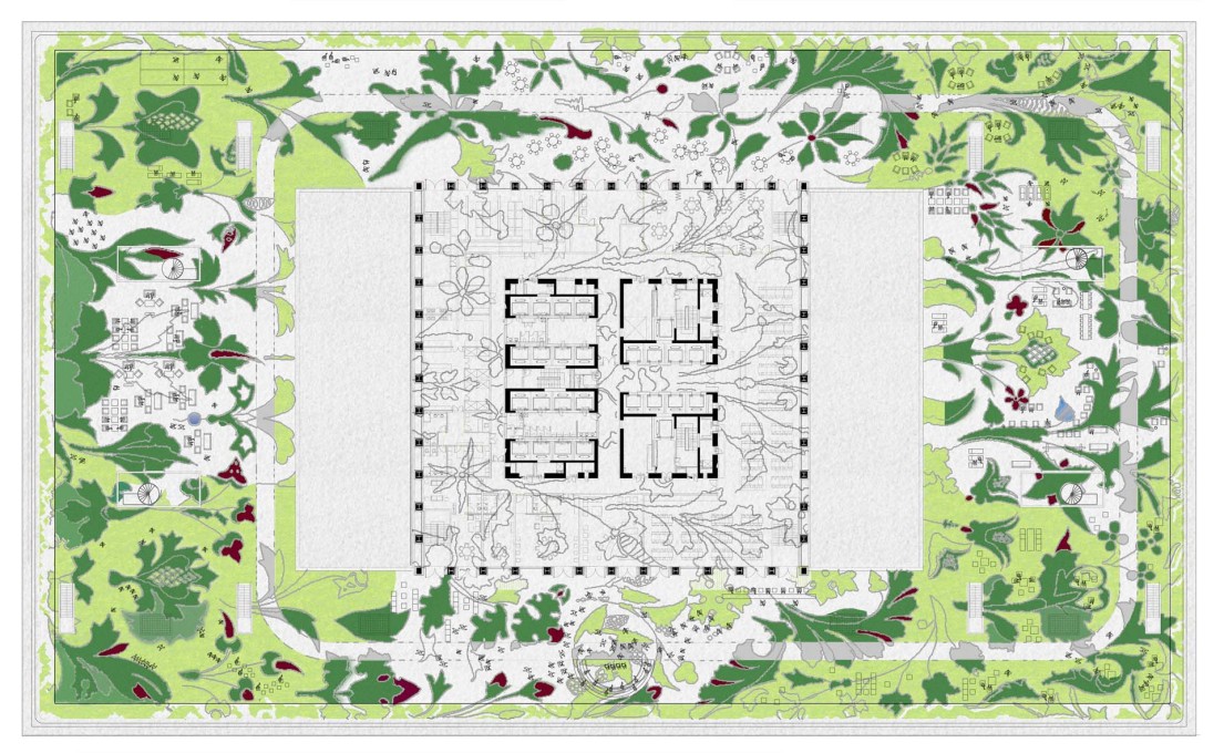 Plan of the roof-top garden, with its patterned flowerbeds. (Image: OMA)