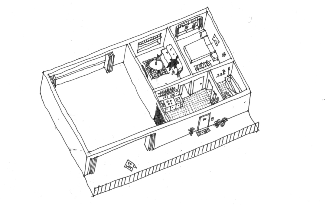 Alternative axonometric view showing an &lsquo;A&rsquo; type unit inhabited with a &lsquo;B&rsquo; type unit for let and fully open to the communal corridor.