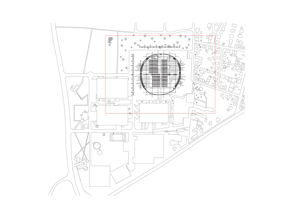 Site plan of the Vitra Campus, showing the new building's vast scale against the tiny sliver of Zaha Hadid's fire station (below right) and the distictive piled-up outline of Herzog &amp; de Meuron's showroom (bottom left).&nbsp;(Image: SANAA)