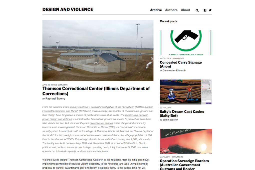 The Design and Violence website, launched in 2013, presents a series of essays by invited critical thinkers on design objects that challenge us to re-think societal norms.