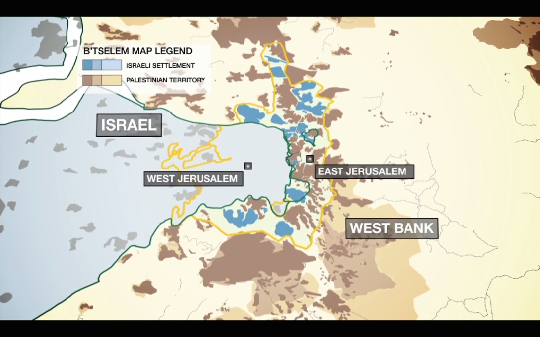 Here, the areas in blue &ldquo;have been built like wedges, not only to serve the colonies themselves, but to consciously create material damage, cutting apart the fragile Palestinian built fabric&rdquo;.&nbsp;