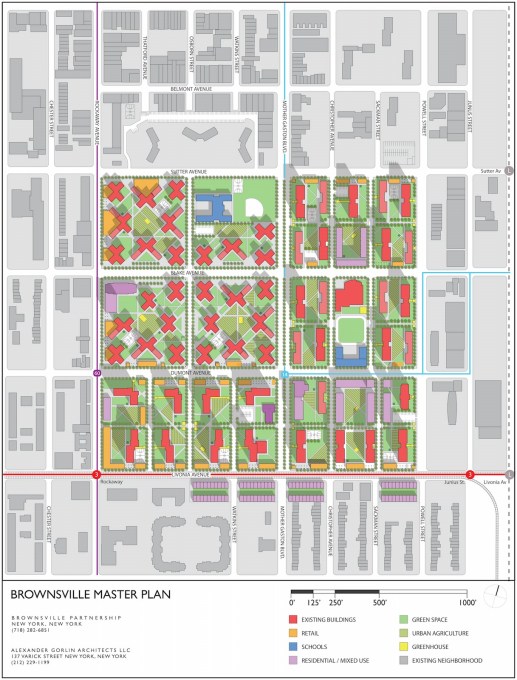 Proposed Brownsville Master Plan by Alexander Gorlin Architects, showing the intension to &ldquo;reurbanise&rdquo; and re-establish old street patterns. (Image courtesy Alexander Gorlin Architects)