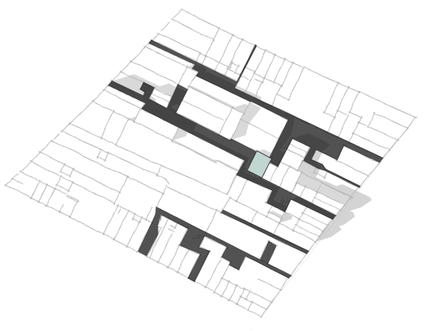 Sketch site plan of "Between the Sheets": The house stands in the place where Blaauwlakensteeg ("blue sheet alley") meets Zwartlakensteeg ("black sheet alley").&nbsp;&nbsp;(Courtesy: Abbink X De Haas architectures)