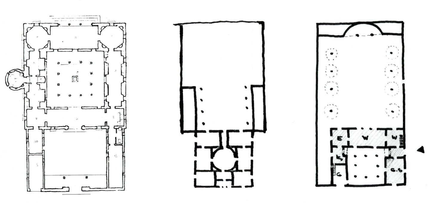 Various versions of Heinz Bienefeld&rsquo;s designs for Haus Nagel progressed from a double atrium house (left), a Palladio-like Villa Rotonda (middle) before finally becoming an atrium house with a walled garden.
