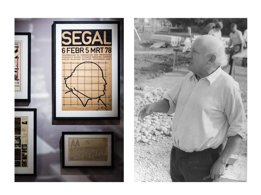 Face off: poster in AA exhibition and Walter Segal on site. (Photo left: Taran Wilkhu, courtesy AA; right, courtesy John Segal)